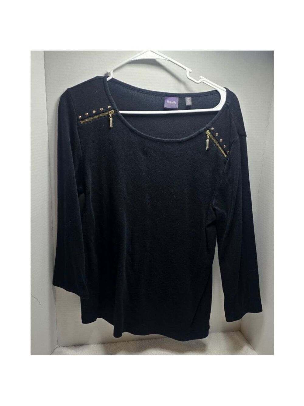 Women's Rafaella Long Sleeve Tee L Black with Gold Zippers